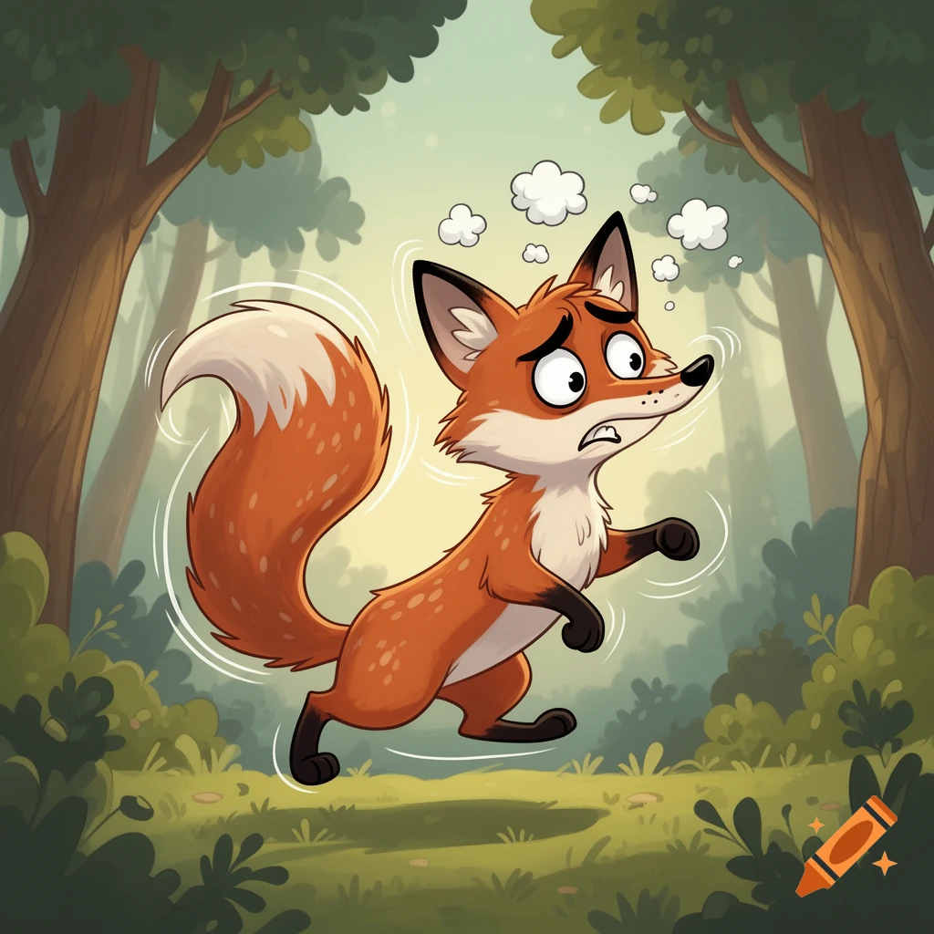 A cartoon fox with wide eyes and a worried expression floats slightly in a forest, surrounded by subtle white swirls and thought bubbles.