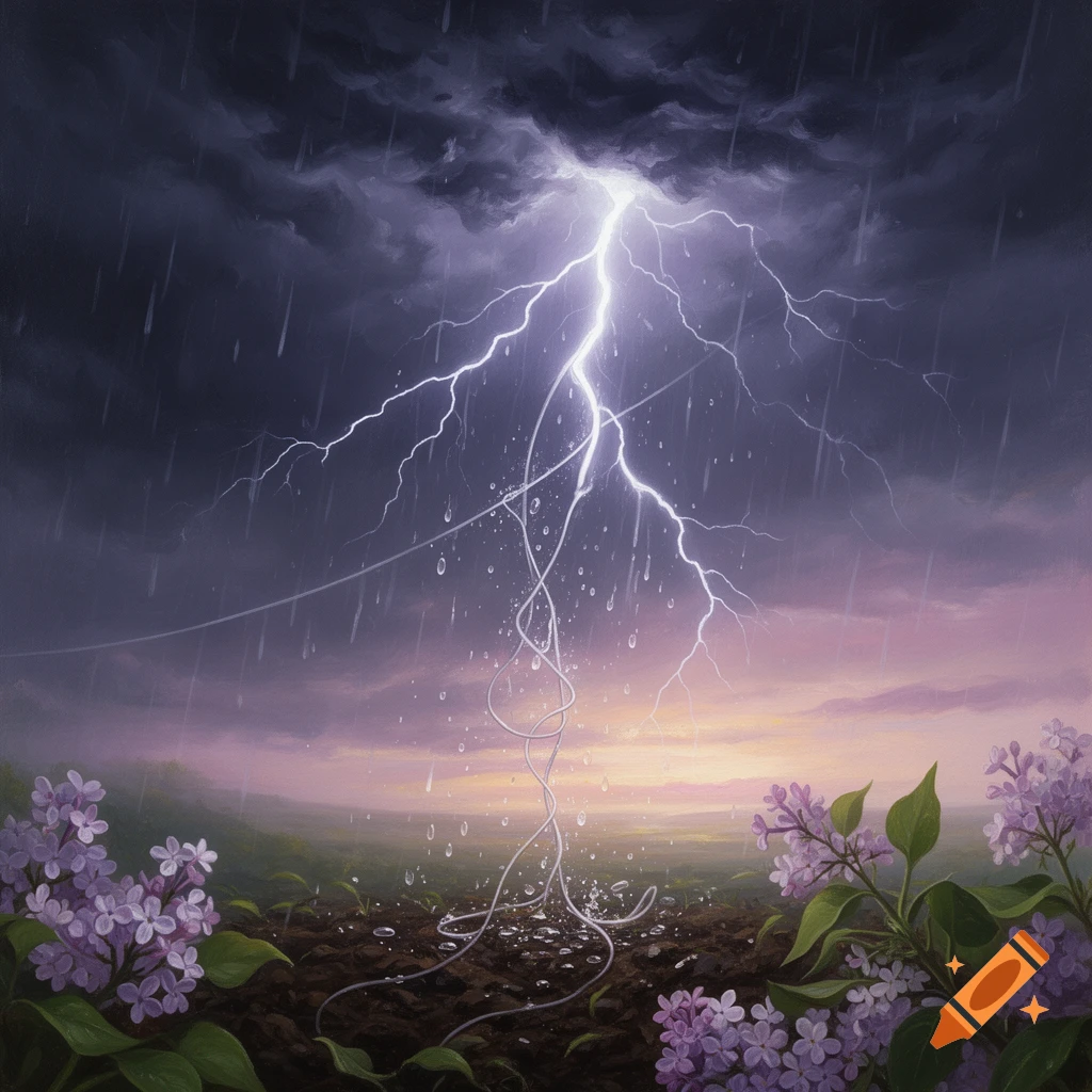 A surreal painting of a lightning bolt striking a thread on the ground during a storm, with rain and purple lilacs in the foreground.