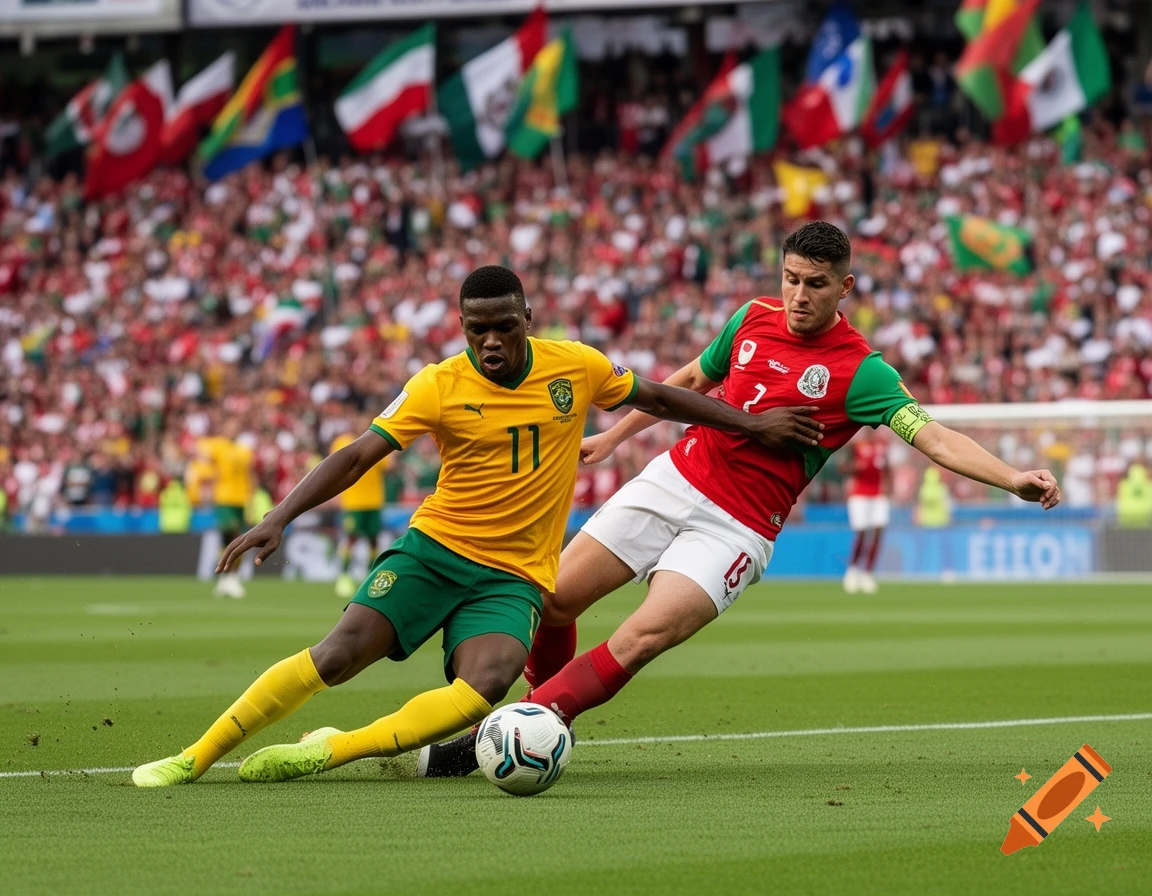 Two football players, one in yellow and green and another in red and green, tackle for a soccer ball on a field with a stadium crowd.