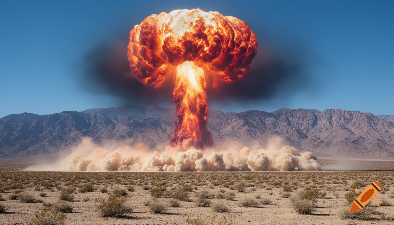 A massive, fiery nuclear mushroom cloud explodes over a vast, photorealistic desert landscape with mountains.