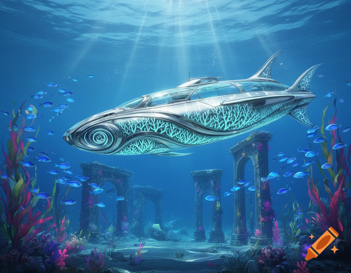Futuristic submarine with glowing coral patterns swims among blue fish and ancient ruins in a vibrant oceanpunk underwater scene.