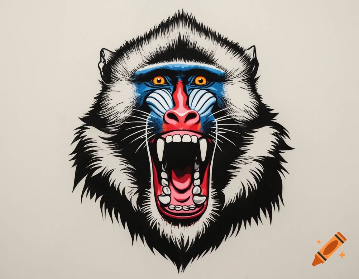 A stylized, colorful stencil illustration of a roaring mandrill's head with a wild look.