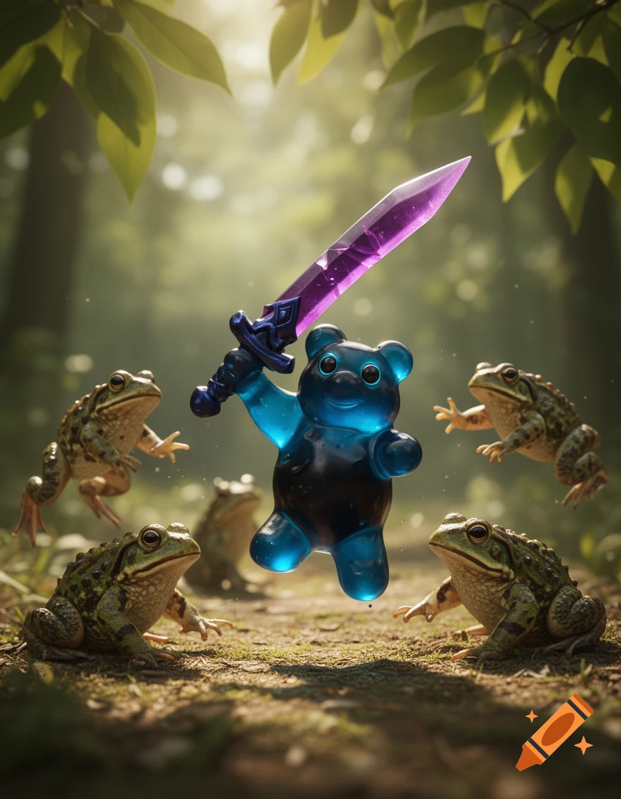 A blue and black gummy bear with a glowing purple sword confronts several frogs in a sun-dappled forest.