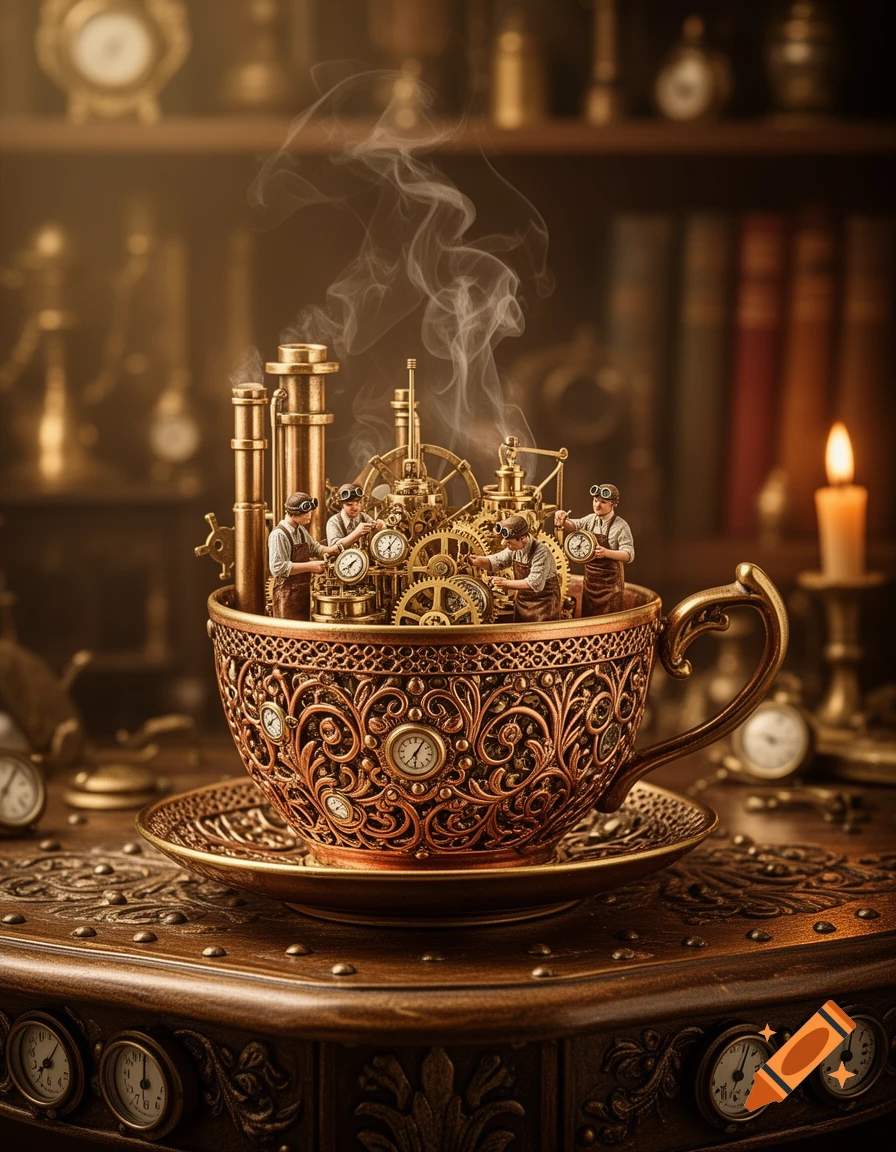 A photorealistic steampunk teacup filled with intricate gold clockwork machinery, tiny inventors, and rising steam, on a detailed wooden table.