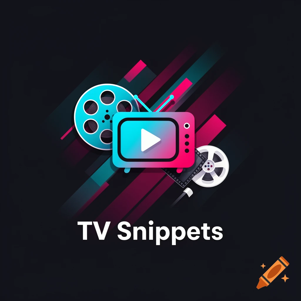 Stylized illustration of a retro TV screen with a play button, film reels, and the text "TV Snippets" in blue and pink tones.