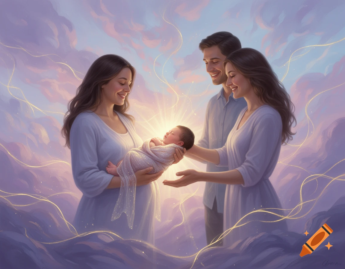 A serene, ethereal painting of a woman handing a glowing newborn baby to a smiling couple amidst soft clouds and golden light.
