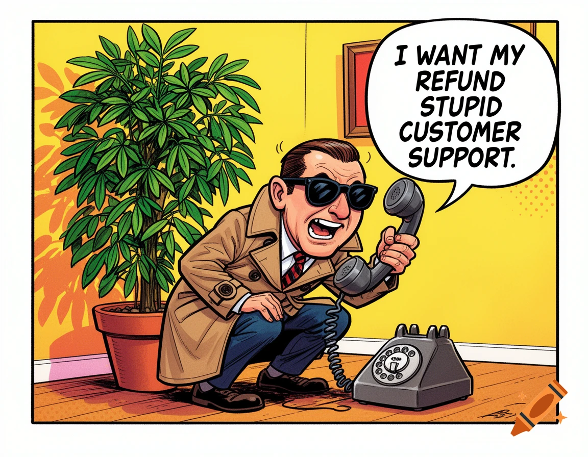 A cartoon man in a trench coat and sunglasses, appearing to be a secret agent, crouches behind a potted plant, yelling into an old-school telephone receiver. A speech bubble above him reads, "I WANT MY REFUND STUPID CUSTOMER SUPPORT."