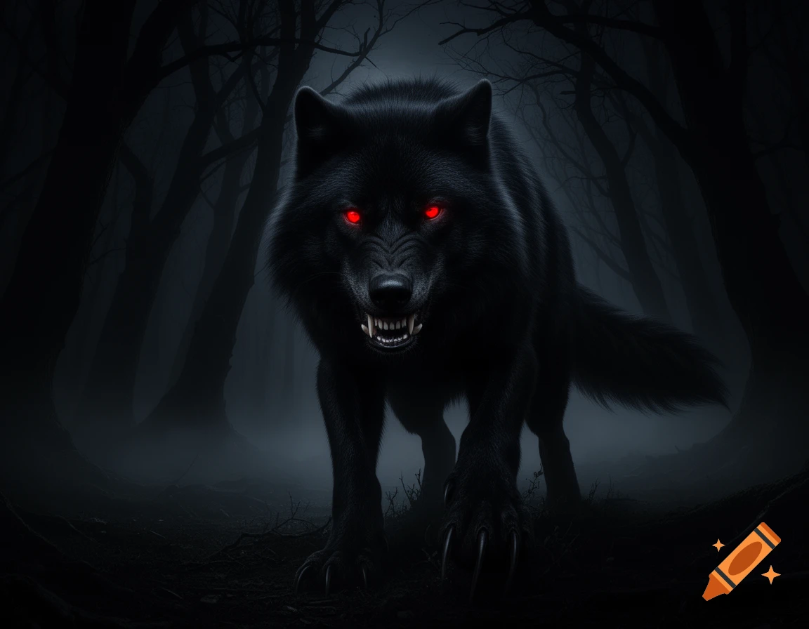A sinister black wolf with glowing red eyes and bared fangs stands menacingly in a dark, misty forest at midnight.