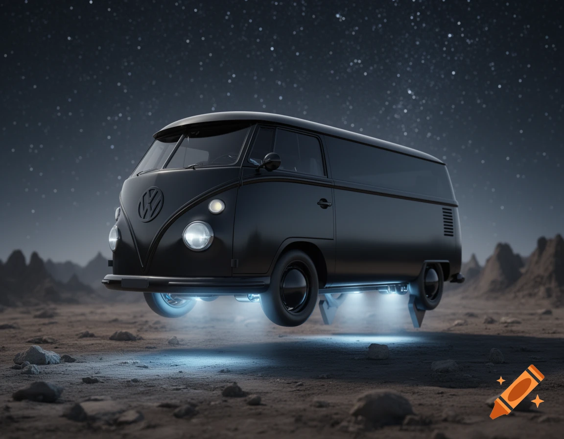 A sleek black VW van customized as a spaceship hovers over a rocky, moon-like terrain under a starry night.