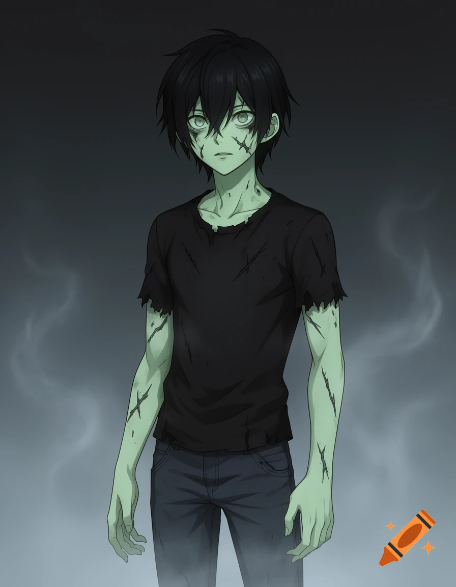 An anime zombie boy with black hair, pastel green skin, and scars, wearing a torn black t-shirt and blue jeans, standing against a smoky background.