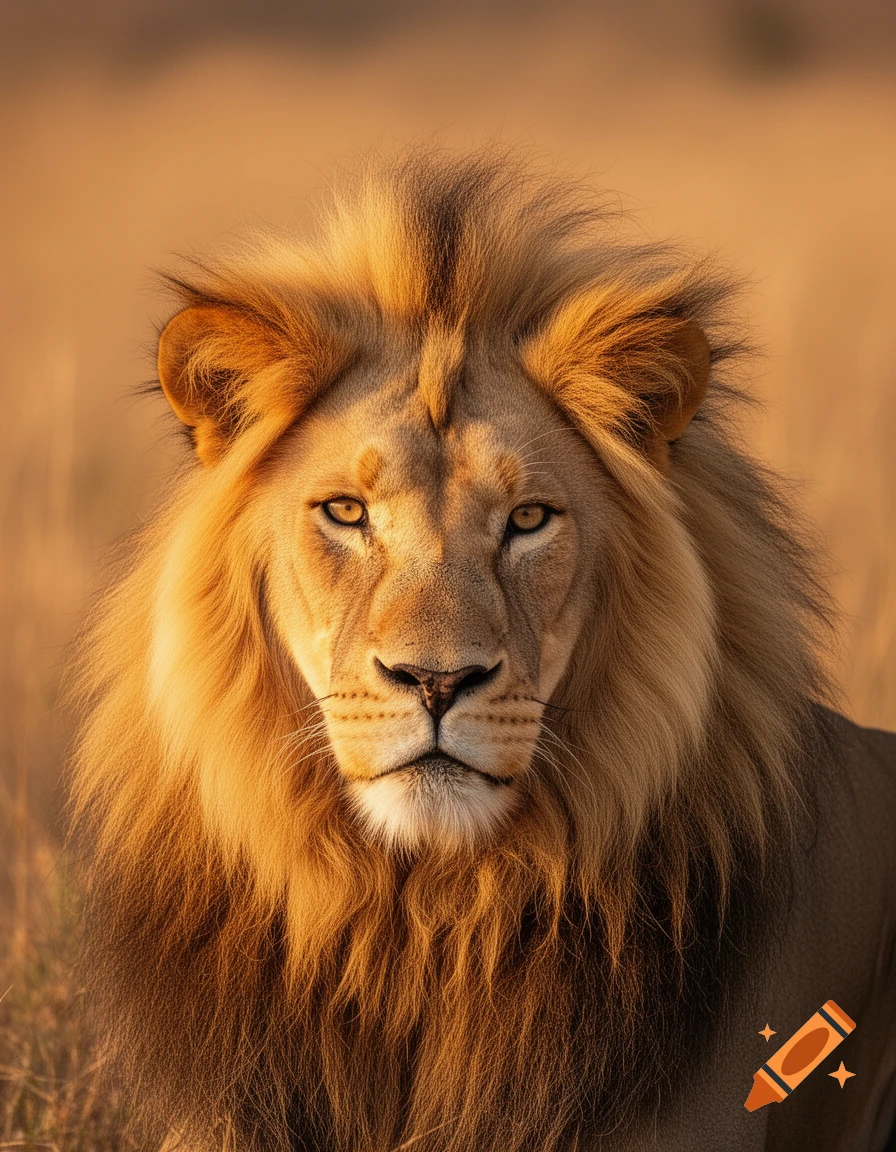 Photorealistic close-up portrait of a majestic male lion with a golden mane in a savanna setting.
