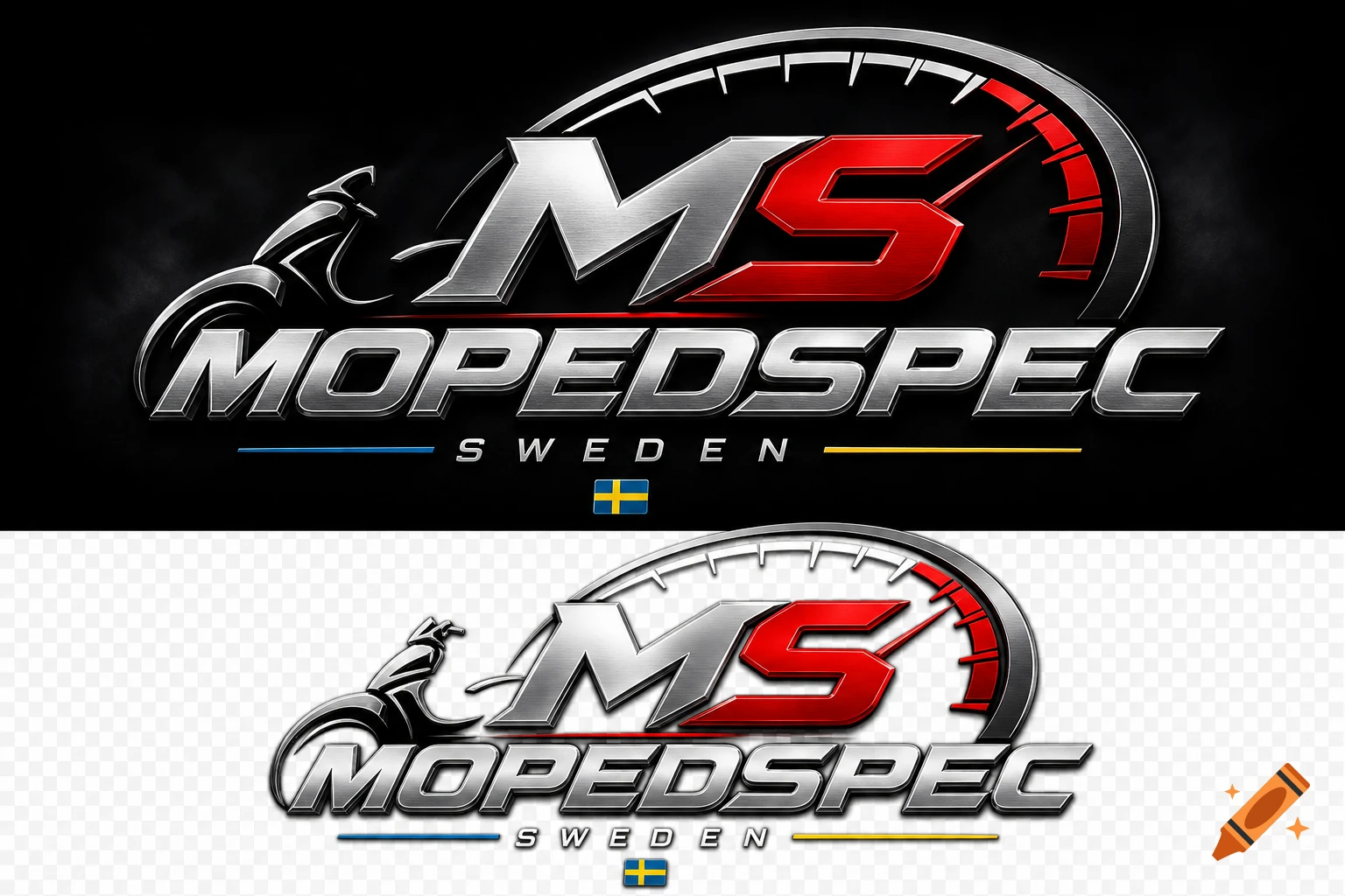 A MOPEDSPEC SWEDEN logo with metallic 3D lettering, a stylized MS emblem, a scooter silhouette, speedometer, and the Swedish flag.