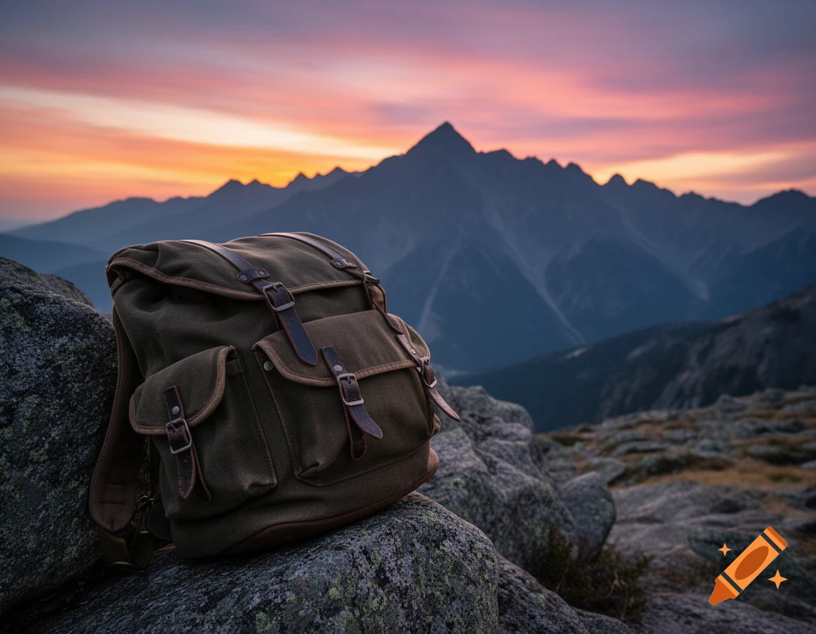 Green canvas backpack on rocks, overlooking a mountain range at sunset with an orange and purple sky.