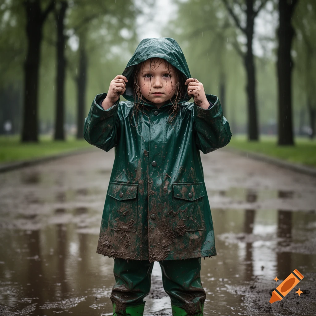 A serious young girl in a muddy dark green raincoat and pants stands in puddles on a wet path in the rain.