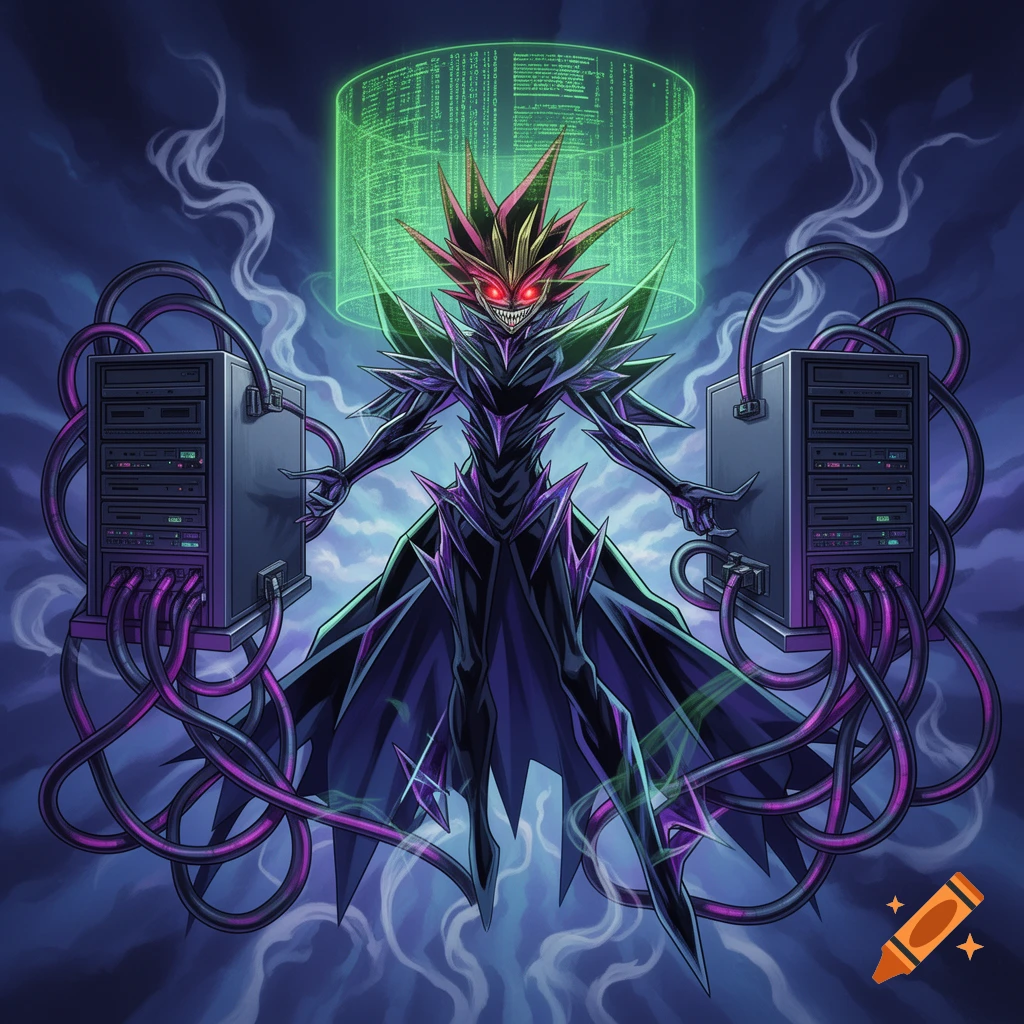 Menacing anime figure with spiky hair and glowing red eyes, flanked by servers with purple cables, under a green data hologram.