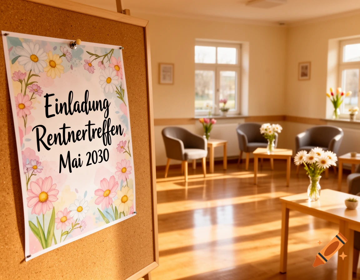 A poster on a cork board reads 'Einladung Rentnertreffen Mai 2030' (Invitation Retiree Meeting May 2030), decorated with flowers, in a bright room with armchairs and tables.