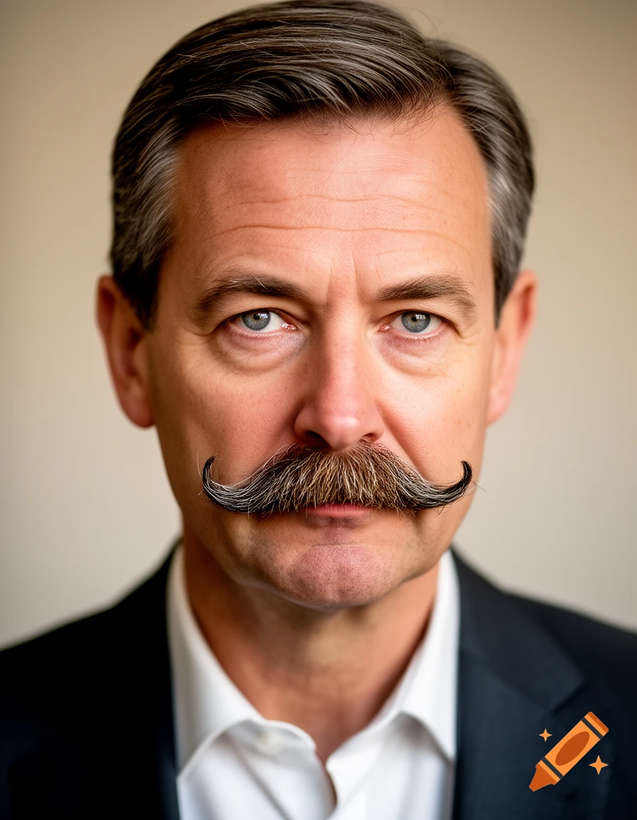 Close-up photorealistic portrait of a middle-aged man with a prominent handlebar mustache, blue eyes, and graying hair, wearing a suit.