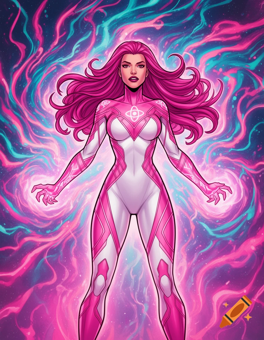 A female superhero with long pink hair and a white and pink suit stands with glowing hands against a swirling pink and blue cosmic background, in a comic book art style.