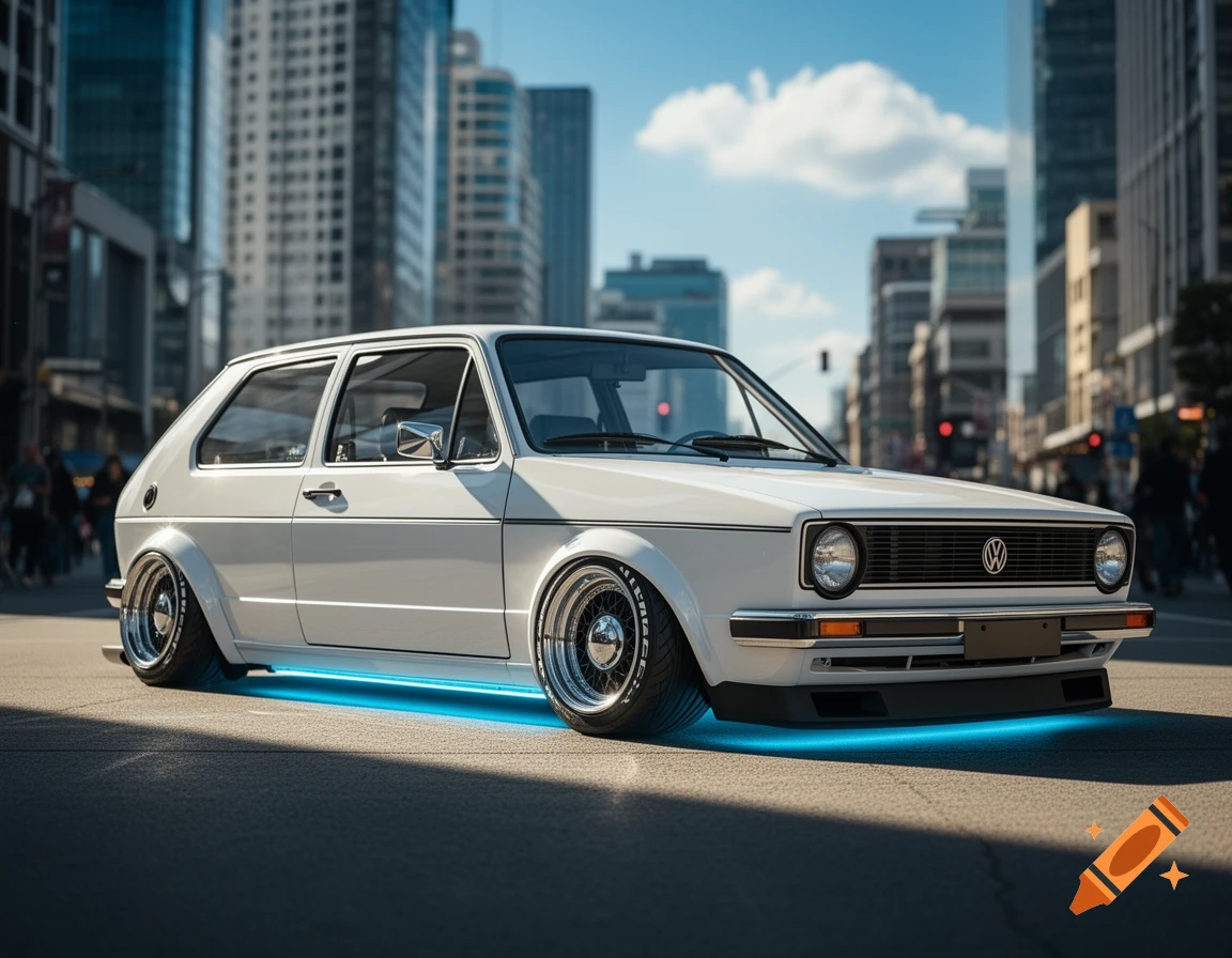 Photorealistic white Volkswagen Golf 2 with blue underglow parked on a city street under a sunny sky.