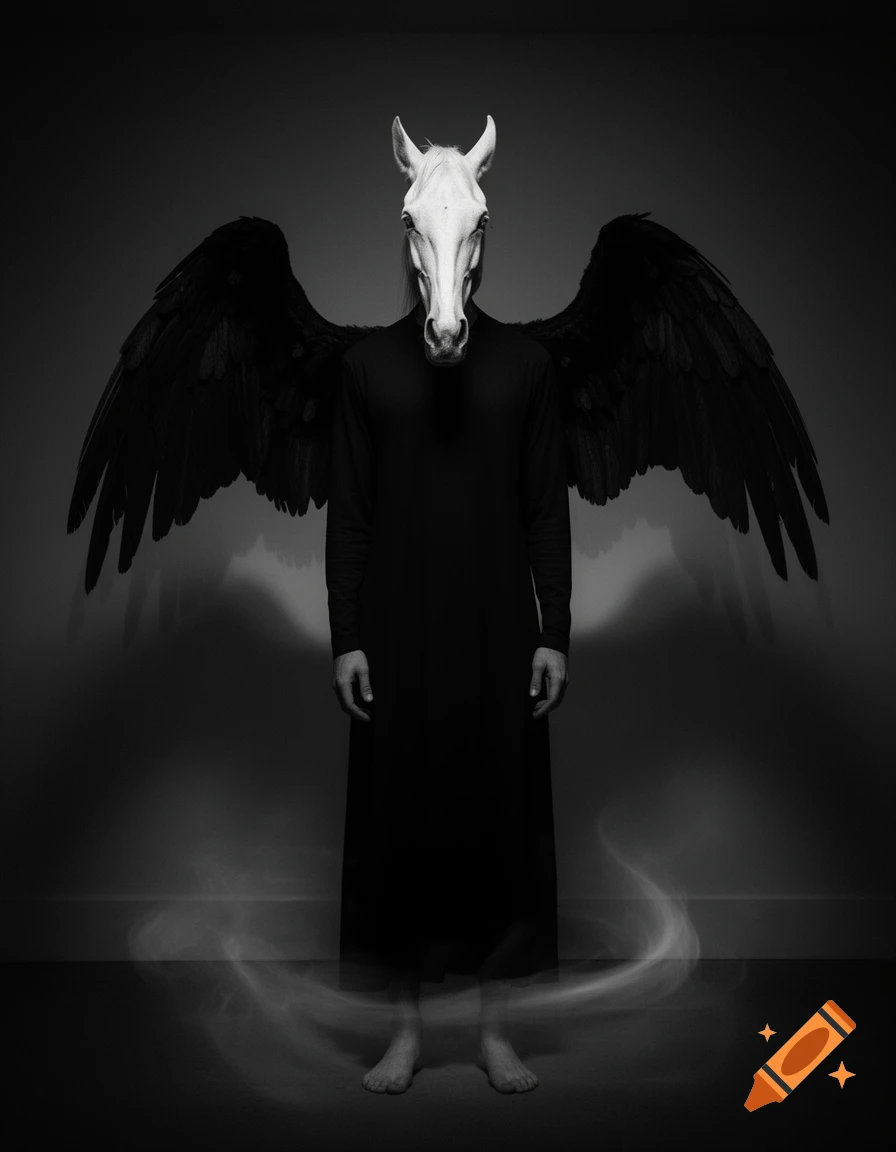 Black and white surreal image of a tall, dark-robed figure with a horse skull head and large black wings.