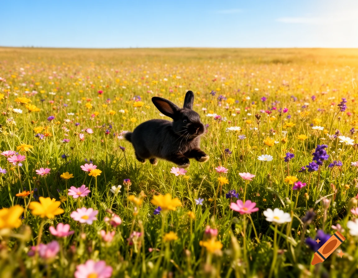 A black rabbit hops through a vibrant field of colorful wildflowers under a bright blue, sunny sky.