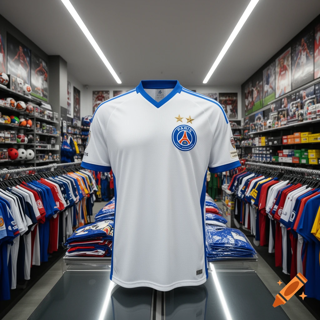 A white and blue Paris Saint-Germain football jersey with two stars above the logo, displayed on a mannequin in a well-lit sports apparel store.