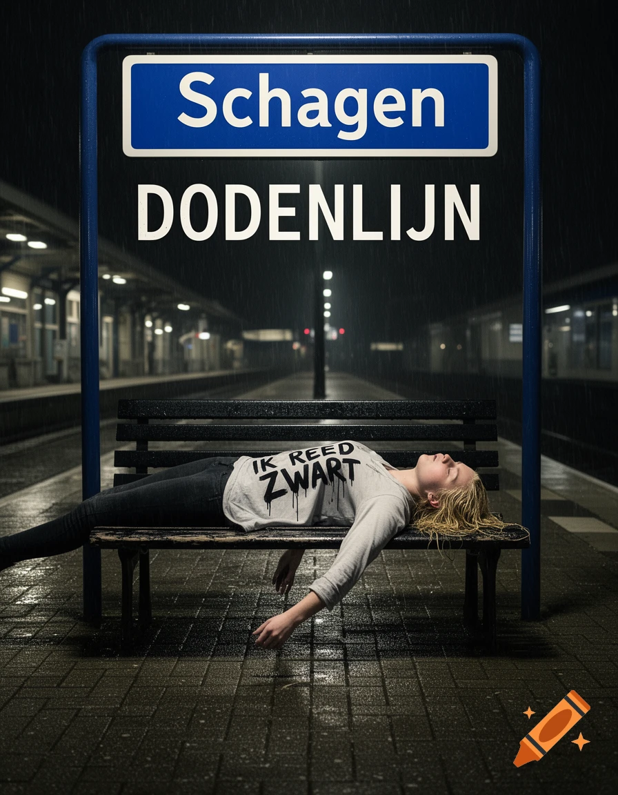 A blonde person lies lifeless on a bench at a dark, rainy train station at night, beneath a sign displaying 'Schagen DODENLIJN'. The person wears a shirt with 'IK REED ZWART' written on it.