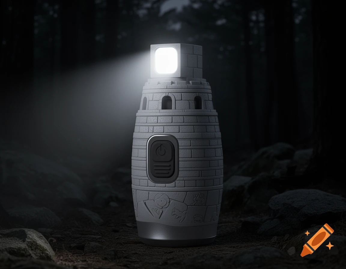 A stylized high-performance flashlight, resembling an ancient observatory, emits a bright white beam in a dark forest at night.
