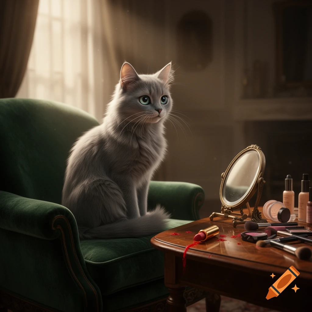 A fluffy gray cat sits on a green armchair next to a vanity table with spilled red lipstick and makeup items in an elegant room.