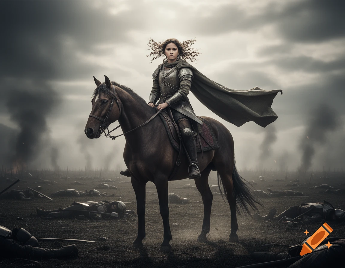 A young warrior woman in armor on horseback stands proudly on a desolate, smoky battlefield with fallen soldiers under a cloudy sky.
