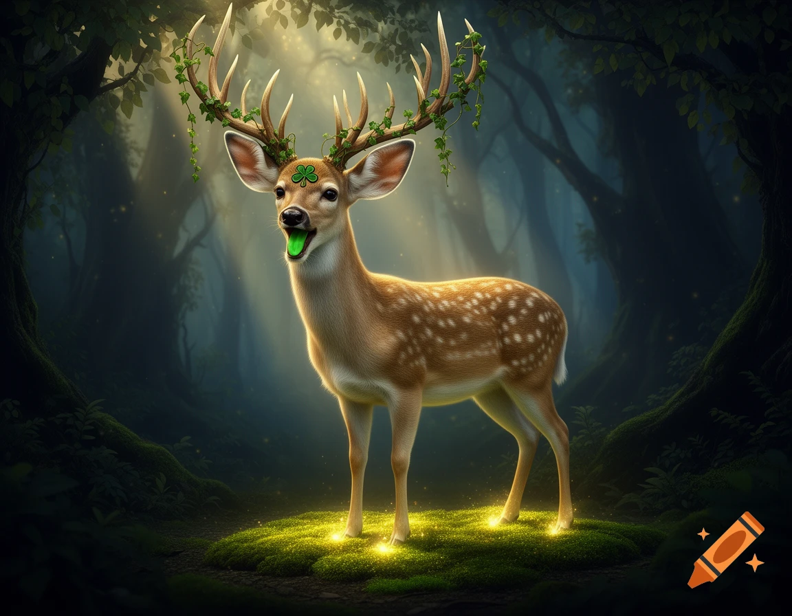 A majestic fantasy deer with ivy-covered antlers and a green shamrock on its forehead stands in a mystical, glowing forest with a green tongue showing, rendered in a photorealistic style.
