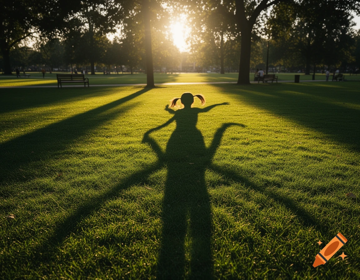Long shadow of a young girl playing in a sunny park during sunset, with trees and benches in the background.