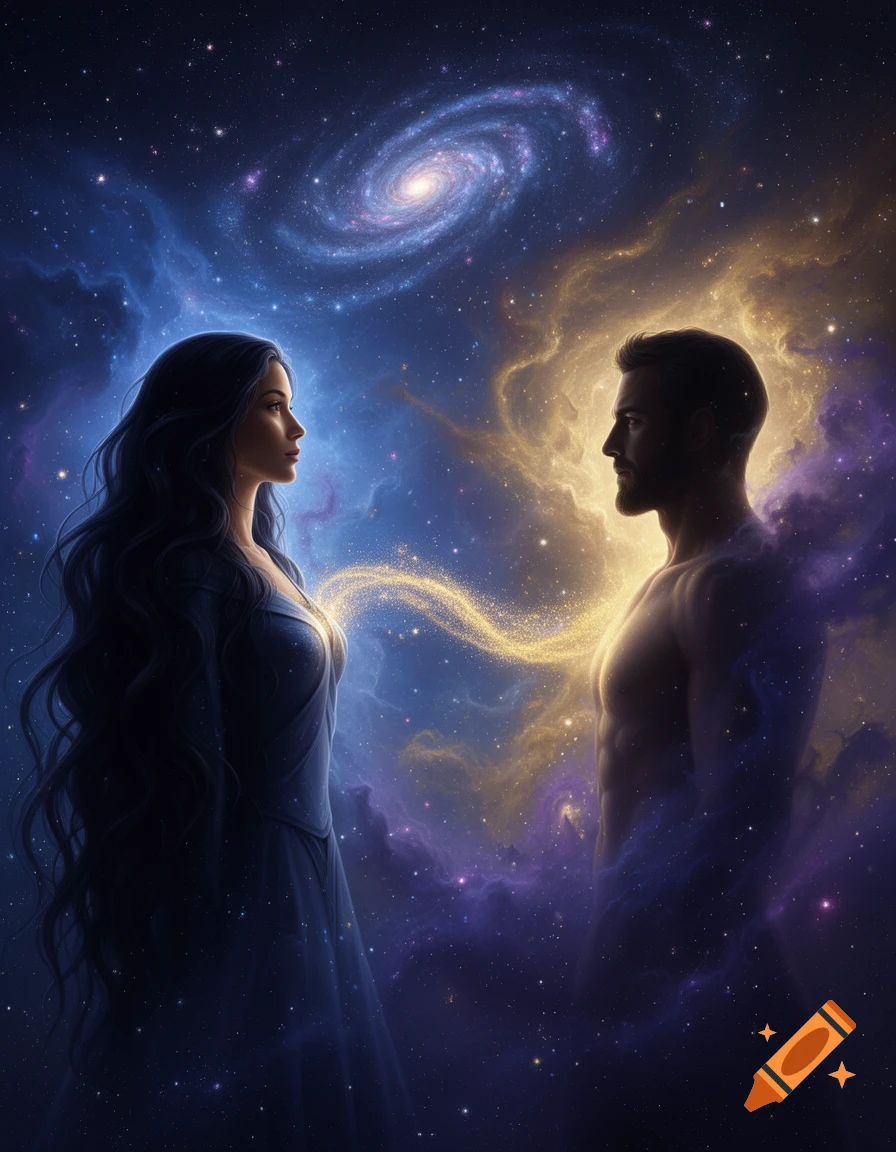 A man and a woman in profile face each other against a vibrant cosmic background with a galaxy, nebulae, and shimmering gold light.