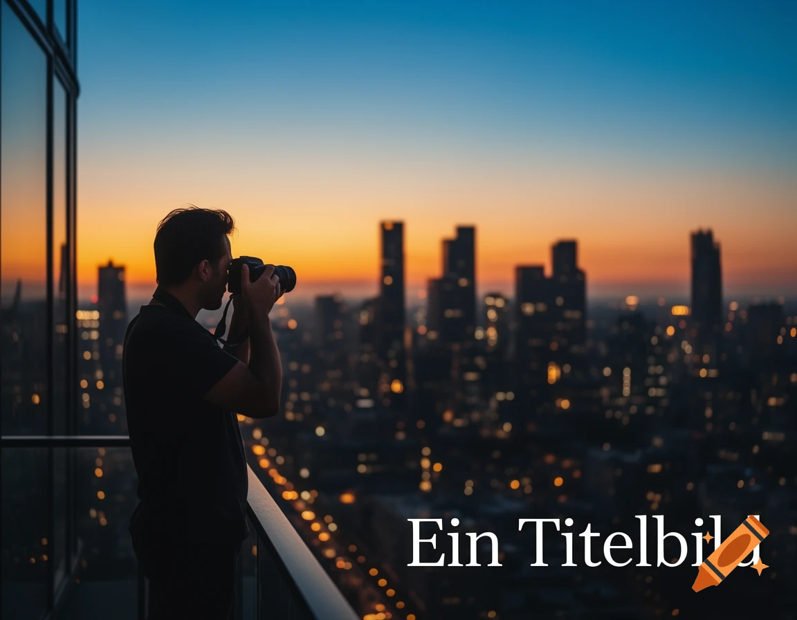 Man on a high-rise balcony photographing a city skyline at sunset. Text: Ein Titelbild.