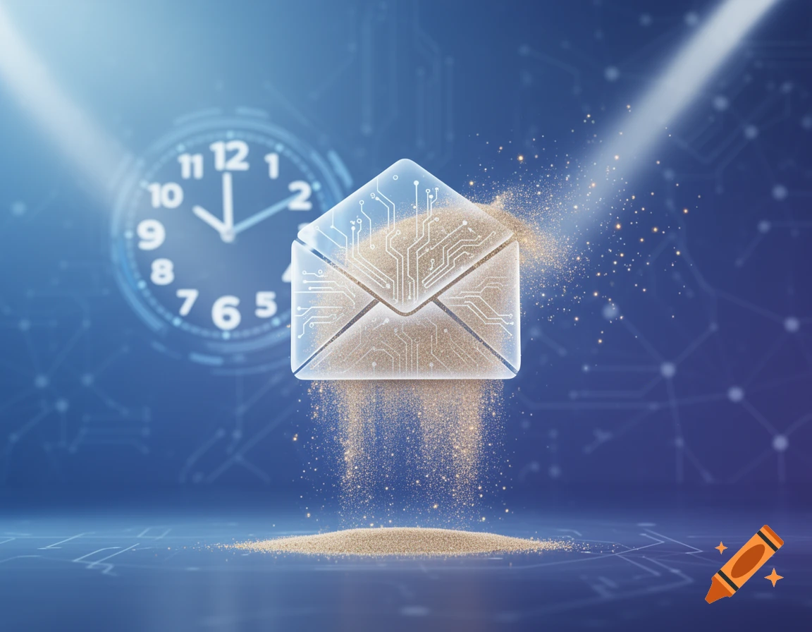 A glowing, transparent envelope acting as an hourglass with sand falling, set against a blurry clock and circuit board background.