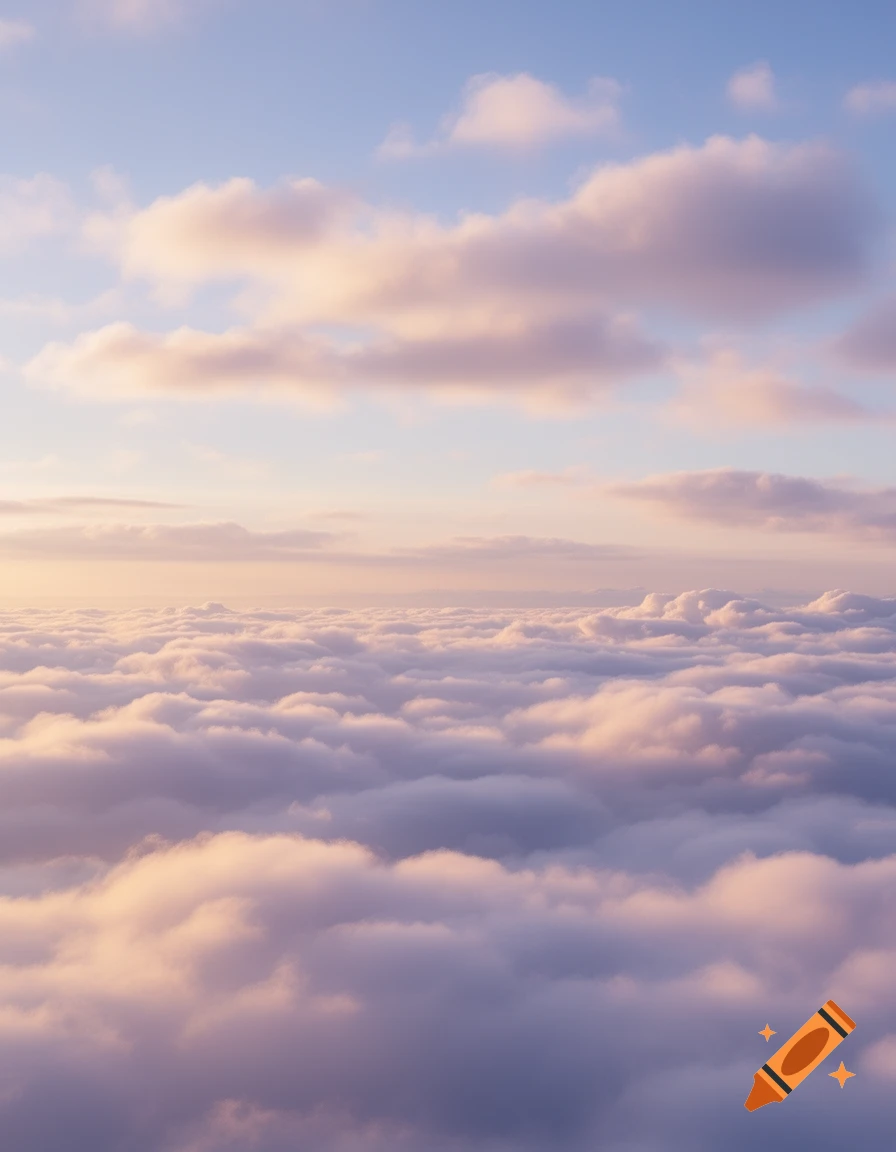 Aerial view of soft, fluffy clouds with warm light below a clear blue sky.