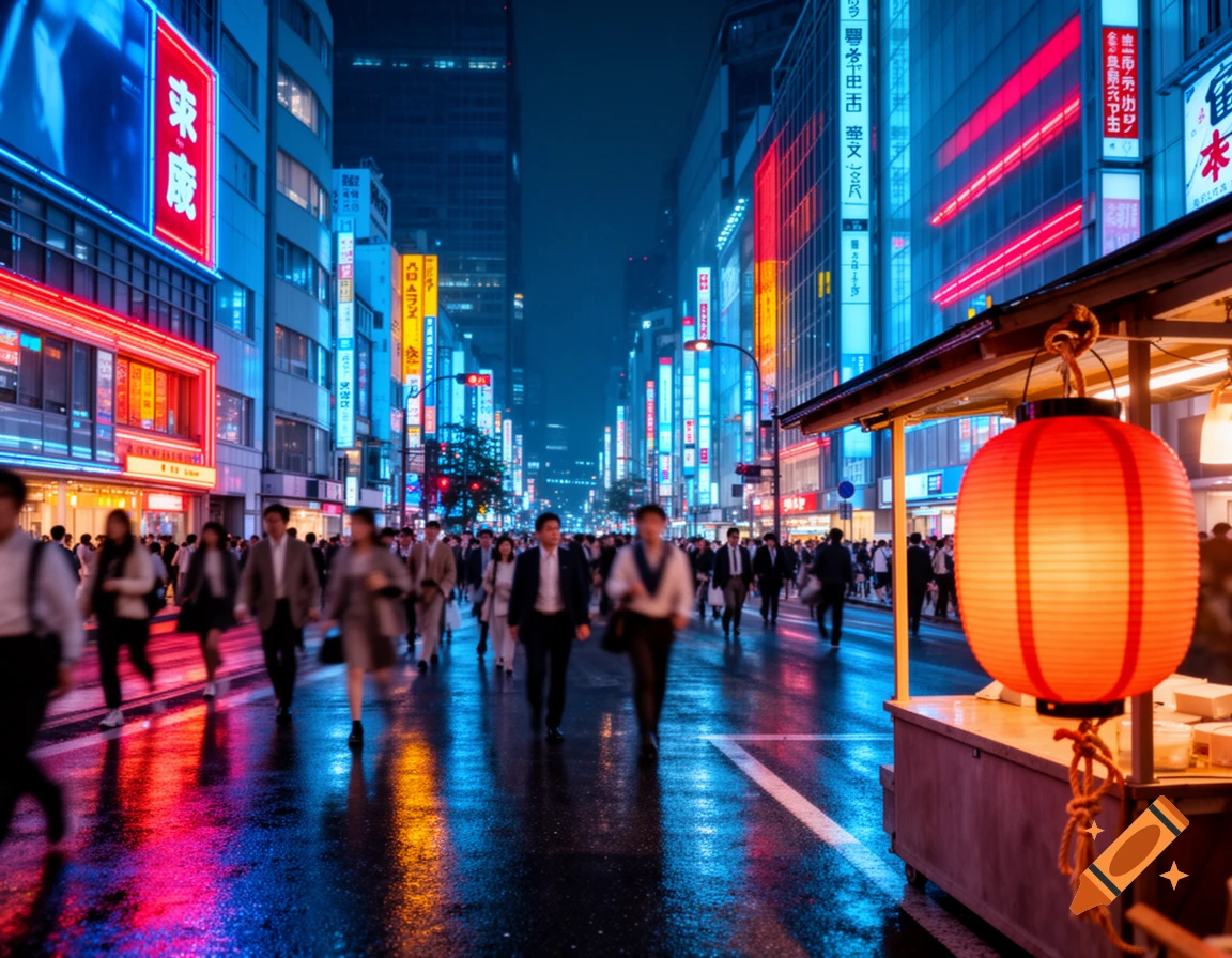 A bustling street at night in a city resembling Tokyo, with neon signs, reflections on a wet street, and people walking, alongside a food stall with a red lantern.