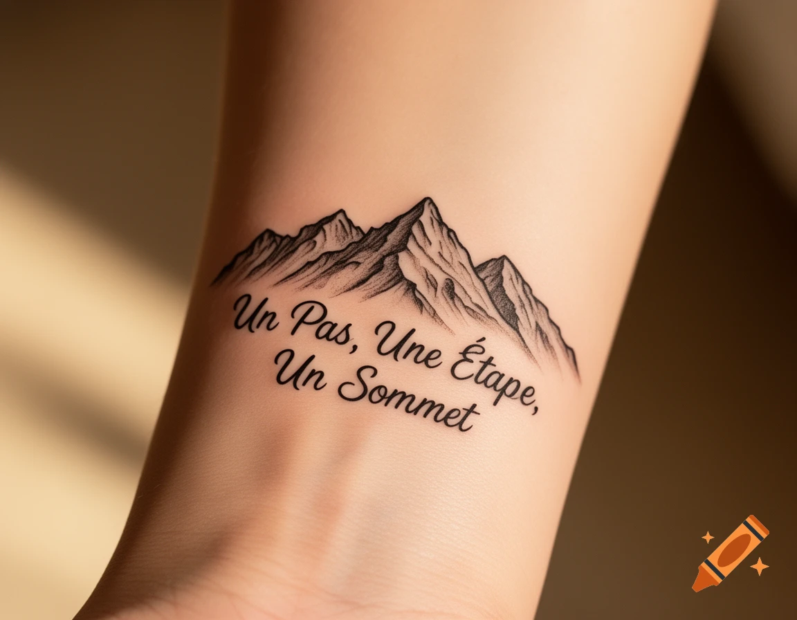 A black and white mountain range tattoo with the French phrase 'Un Pas, Une Étape, Un Sommet' on a person's wrist.