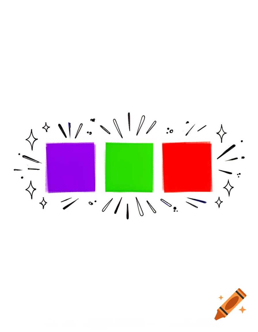 Three vibrant squares, purple, green, and red, arranged horizontally with hand-drawn spark effects on a white background.