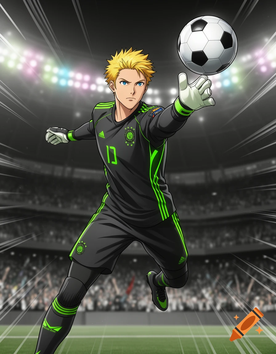 Anime-style male soccer goalkeeper with spiky blonde hair, wearing a black and green uniform, catching a soccer ball in a stadium.