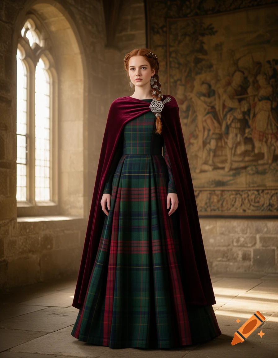 A red-haired woman in a tartan dress and red velvet cape stands in a stone hall.