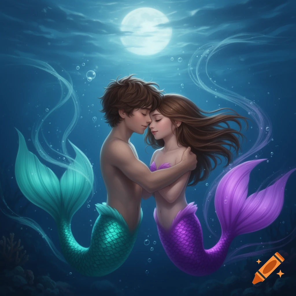 A mermaid boy with a green tail and a mermaid girl with a purple tail embrace underwater, nuzzling foreheads with eyes closed, under a full moon.