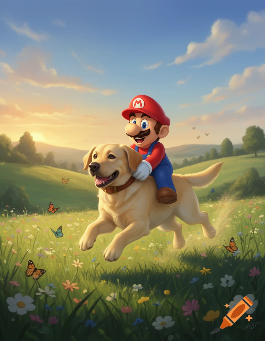 Super Mario rides a happy yellow Labrador through a vibrant, flower-filled green field under a clear blue sky with a sunset glow.