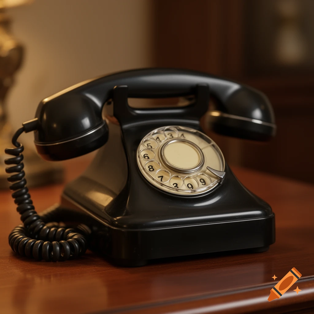 A black vintage rotary telephone sits on a polished wooden table, in a close-up, photorealistic shot.