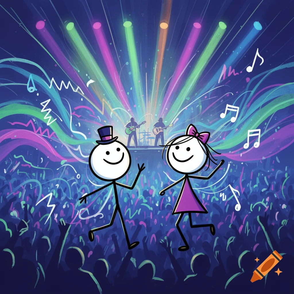 Two smiling stick figures, one in a top hat and one with a bow, dance at a vibrant concert with a band and colorful spotlights.