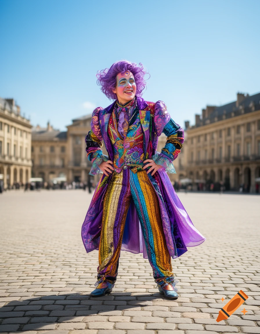 A person in a flamboyant, multi-colored costume with purple hair and makeup stands smiling in a sunny city square.