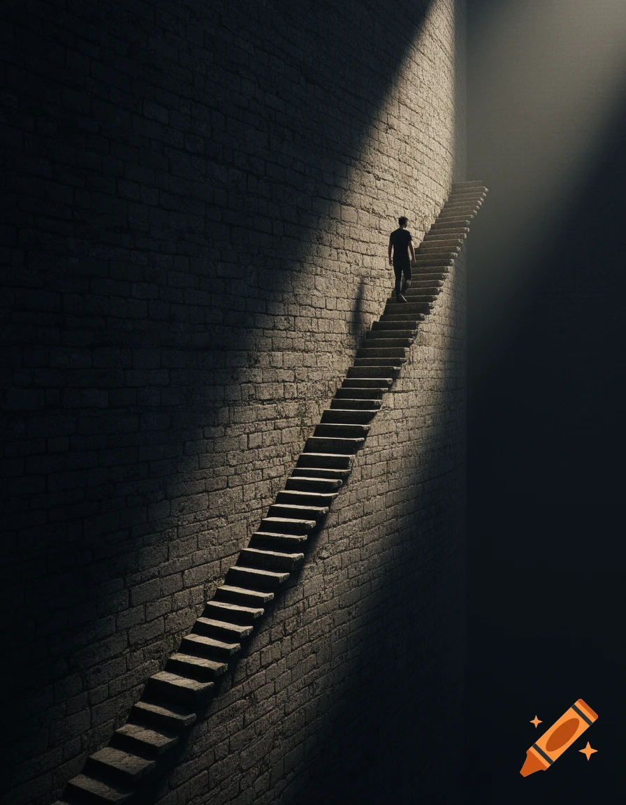 A solitary figure walks up a long, narrow stone staircase along a brick wall, illuminated by a dramatic ray of light from above.