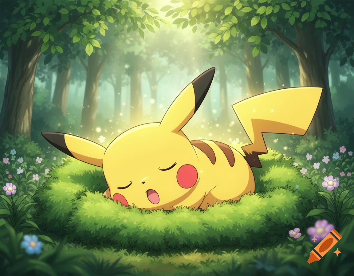 Anime style Pikachu sleeping peacefully in a grassy nest within a sun-dappled forest with small flowers.