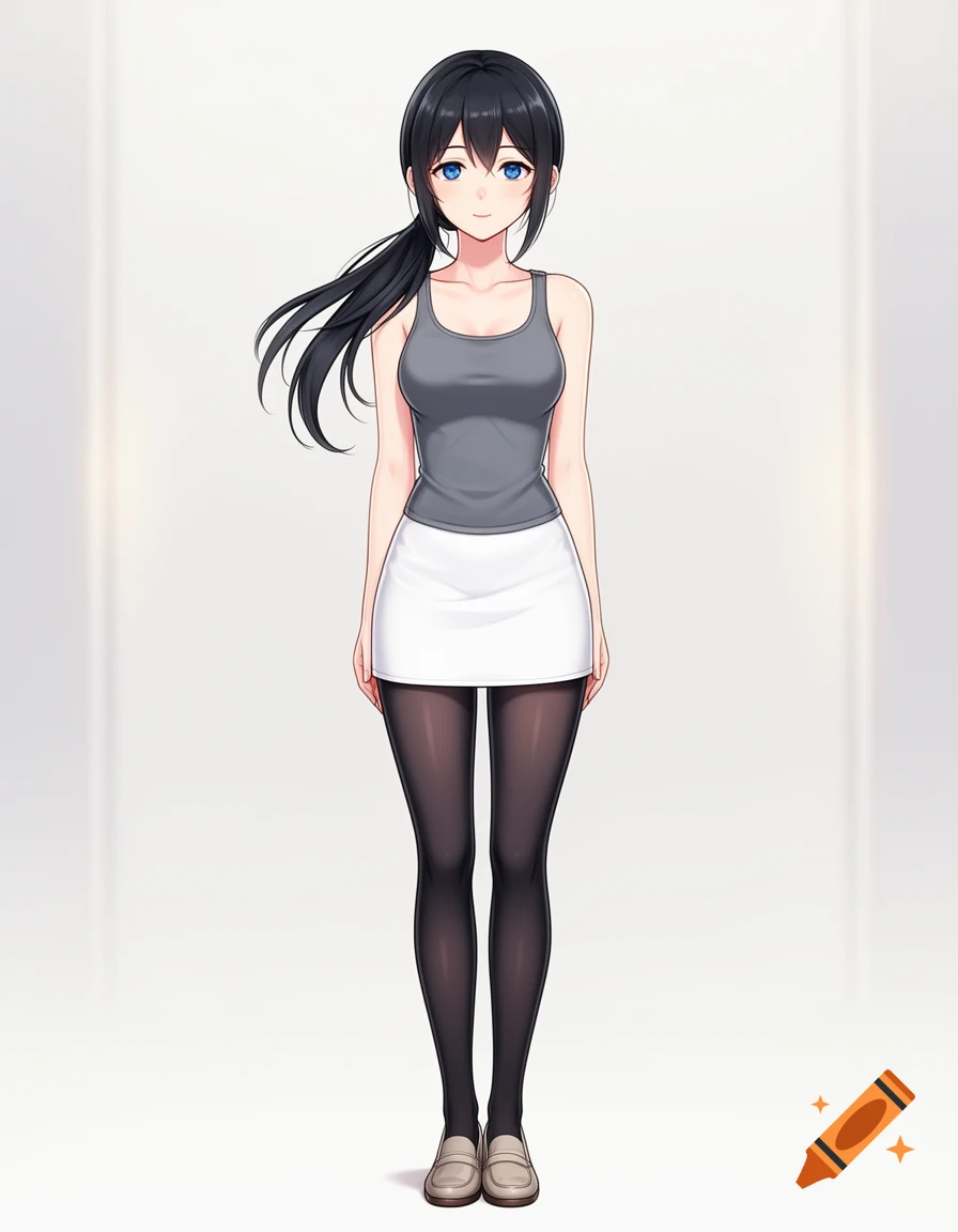 An anime woman with black hair in a ponytail and blue eyes, wearing a gray tank top, white mini skirt, black leggings, and loafers, standing on a white background.
