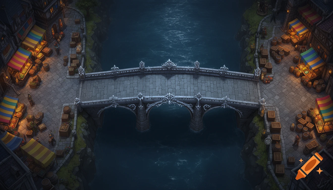 A top-down 2D fantasy battlemap of a grand stone bridge with silver filigree over a dark river and bustling market squares.